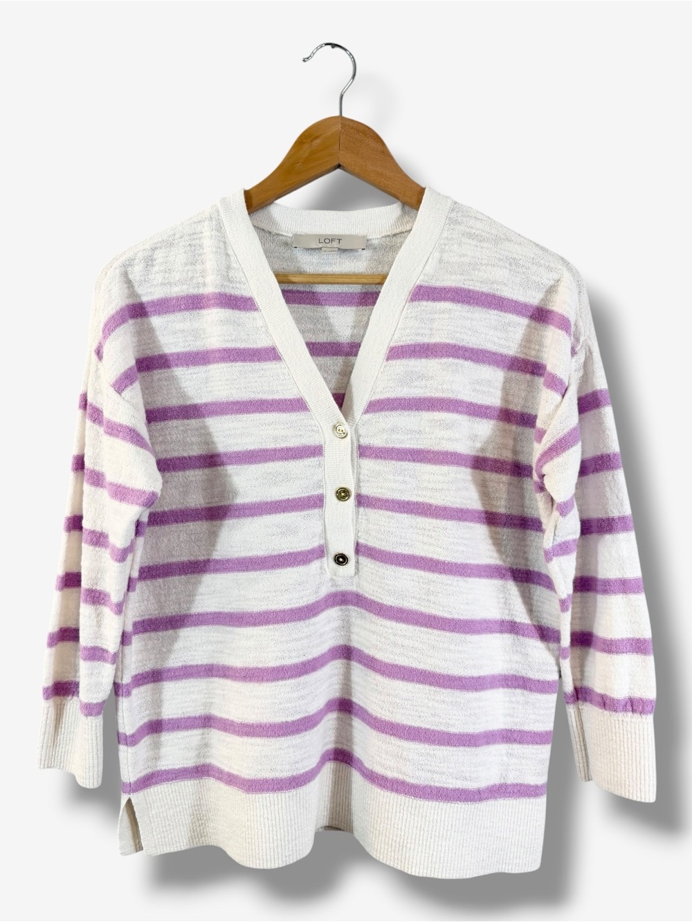 Loft White Purple Stripe Sweater Size M Cotton Terry Knit Casual V-Neck Preppy